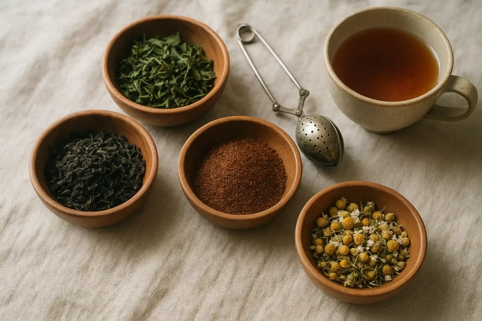 Illustration of assorted dried tea leaves and botanical ingredients